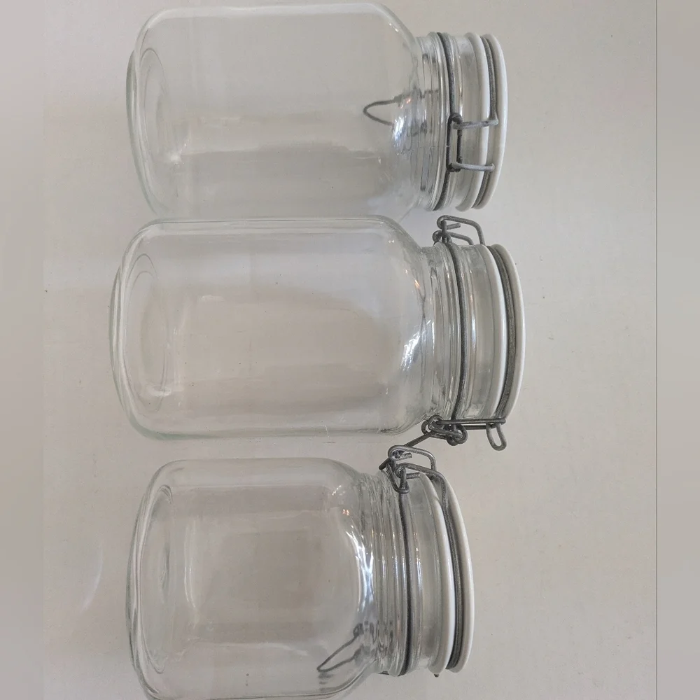 Vintage Glass Storage Jars With Snap Lids. Set Of 3